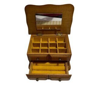 Vintage Wooden Dresser Top Jewelry Box Drawer Hinged Lid Mirror Gold Interior